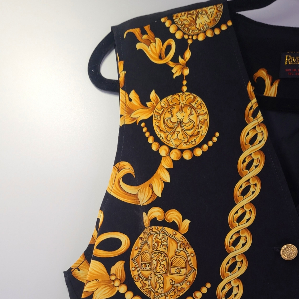 River thai yellow and black baroque print 100% silk vest size small S unisex - Picture 5 of 10